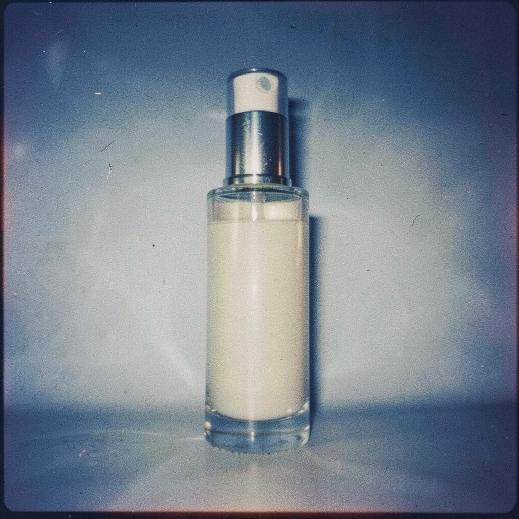 An analog film photograph of a single cosmetic product on a warm beige surface, soft diffused lighting, visible grain, calm and elegant mood