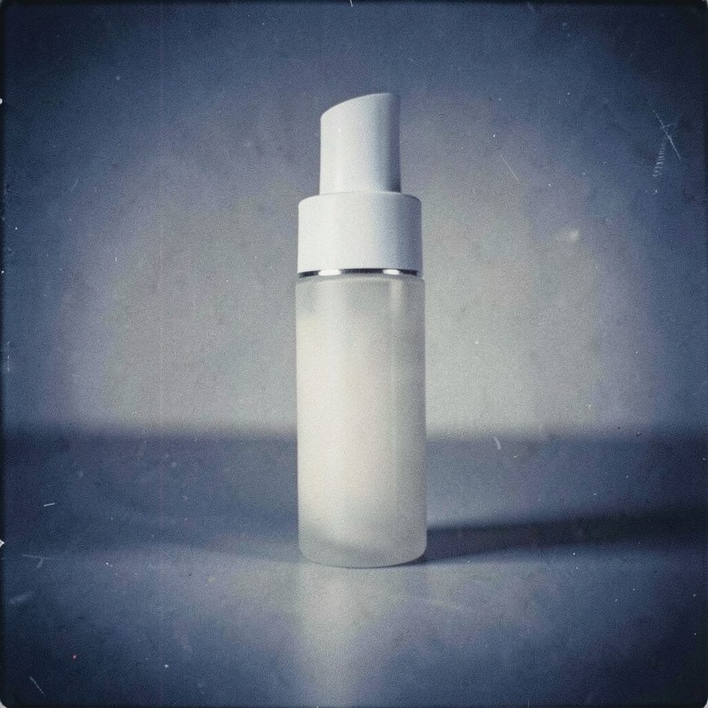 Softly lit editorial photograph of skincare products on a clean white surface, navy and warm gold tones, analog film grain