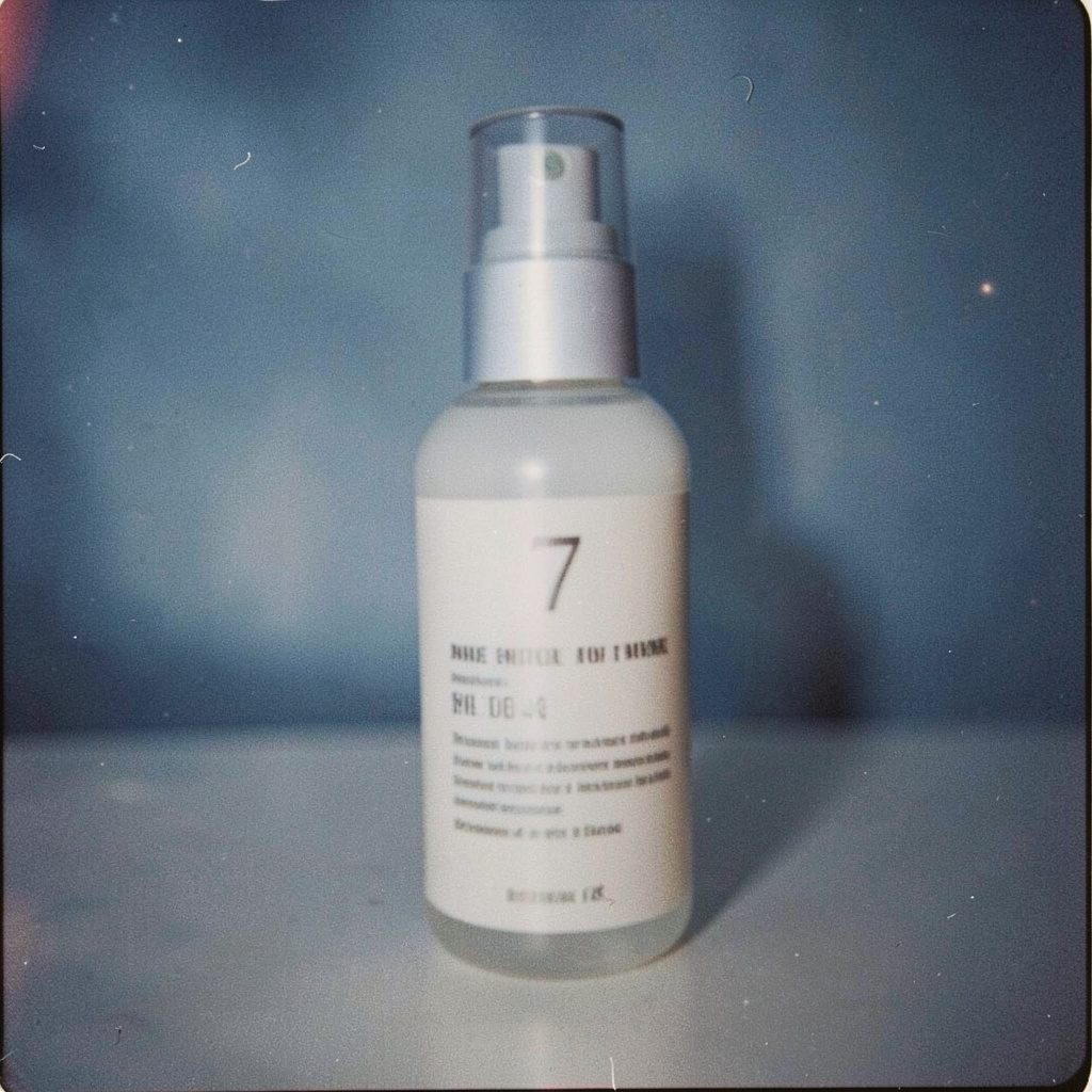 Analog film photograph with visible grain of soft-focus skincare jars on a pale surface, cream and gold tones, gentle and clean mood